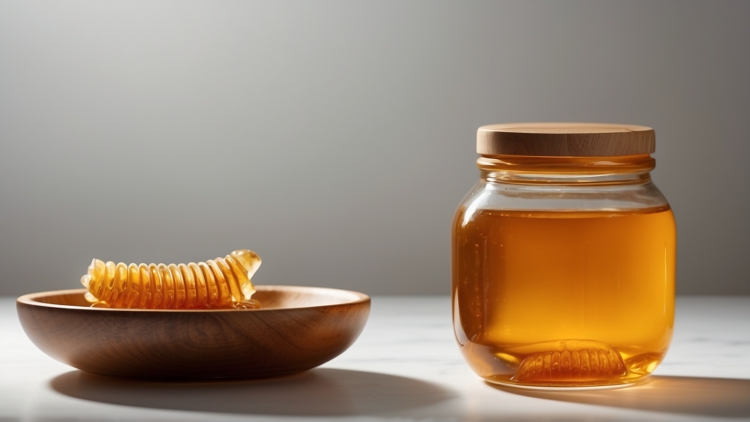 Glass jar of honey and empty wooden bowl with golden-striped candy on a white table against a grey background with sunlit shadows.