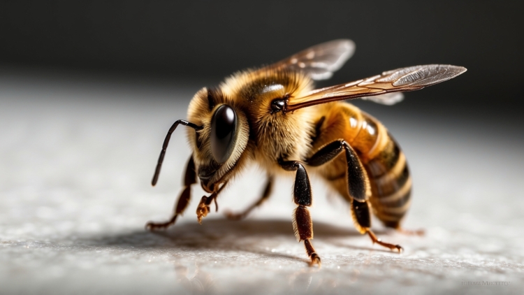 Close-up of a bee on a white surface with a dark background, showcasing sharp focus and soft shadows.