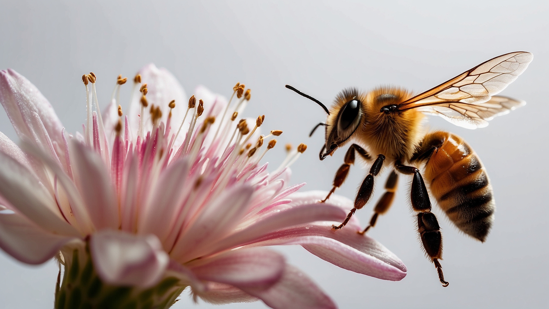 Close-up of a honey bee on a pink flower with a white background, high detail and sharp focus.