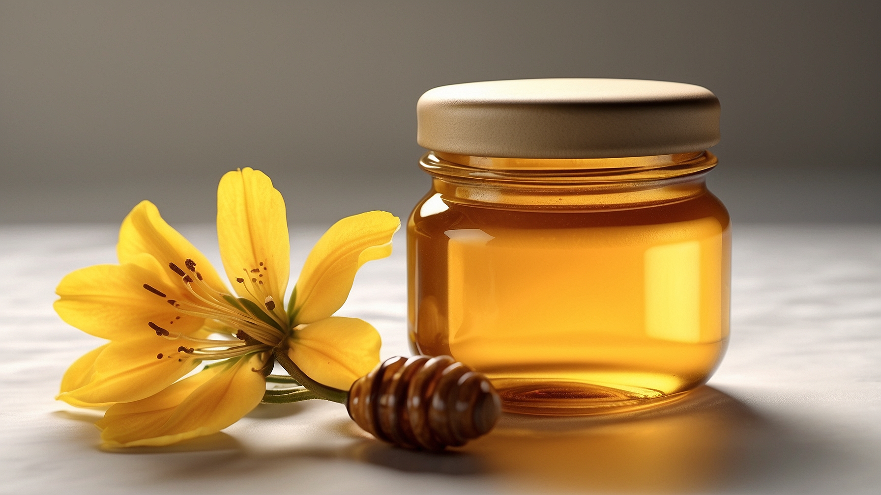 A jar of honey with a yellow lily flower beside it, against a white background, with sharp focus and cinematic lighting.