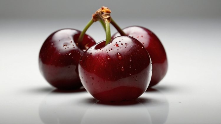 Close-up of three fresh cherries with deep red hues, shining under soft light on a white background, perfect for commercial use.