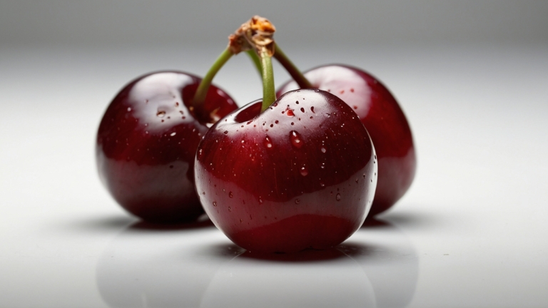 Close-up of Three Fresh Cherries on White Background