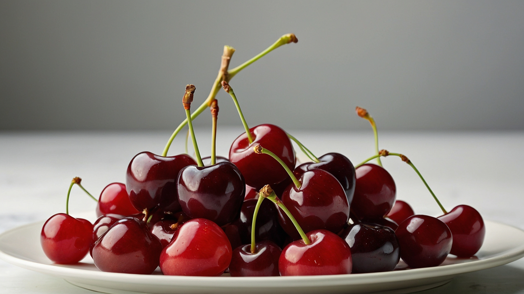 Cherries on a white plate against a gray background, showcasing their texture in a close-up food photography shot.