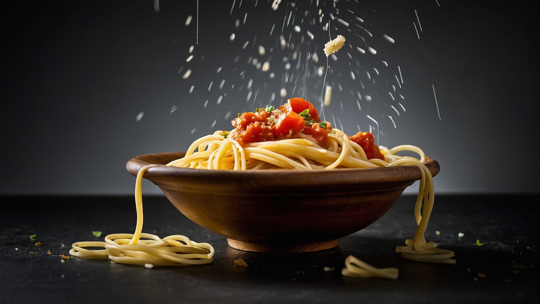 Pasta with tomato sauce in a wooden bowl, with spaghetti flying around on a dark background, in a front view shot.