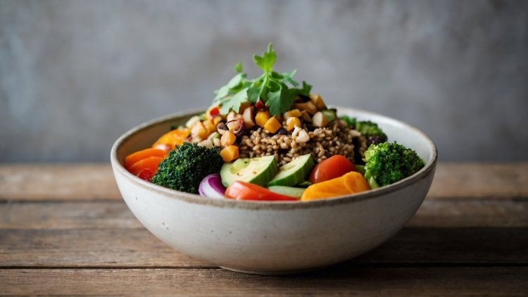 Elegant bowl of colorful vegetables, quinoa, and legumes on a rustic wooden table, with natural lighting and a grey background.