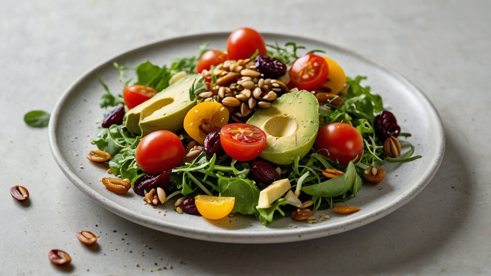 Vibrant salad with avocados, cherry tomatoes, arugula, sunflower seeds, and cranberries on a plate, against a light gray concrete background.