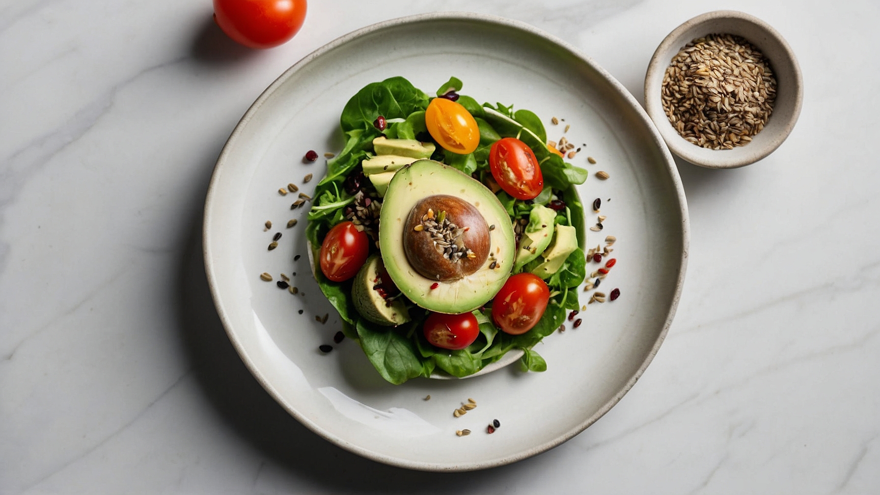 Avocado salad with cherry tomatoes and flaxseeds on a white plate, placed on a marble table, captured from above.