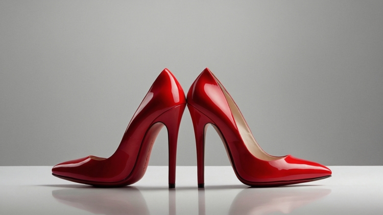 Red high heels on a gray background, with clear focus, professional color grading, and symmetrical composition.