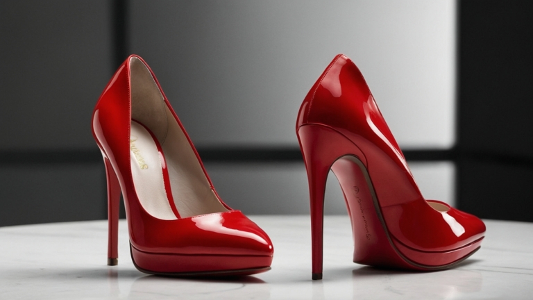 Glossy Red High Heels on Polished Marble Table