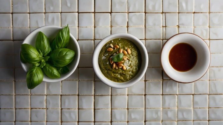 Top View of Pasta with Pesto and Balsamic Vinaigrette