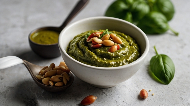 Detailed Shot of Pesto Sauce on Grey Background
