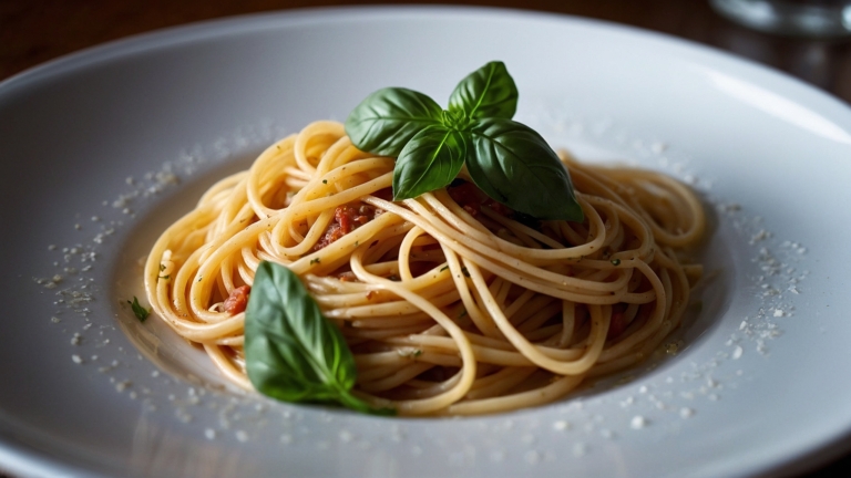 Spaghetti with Basil on White Plate