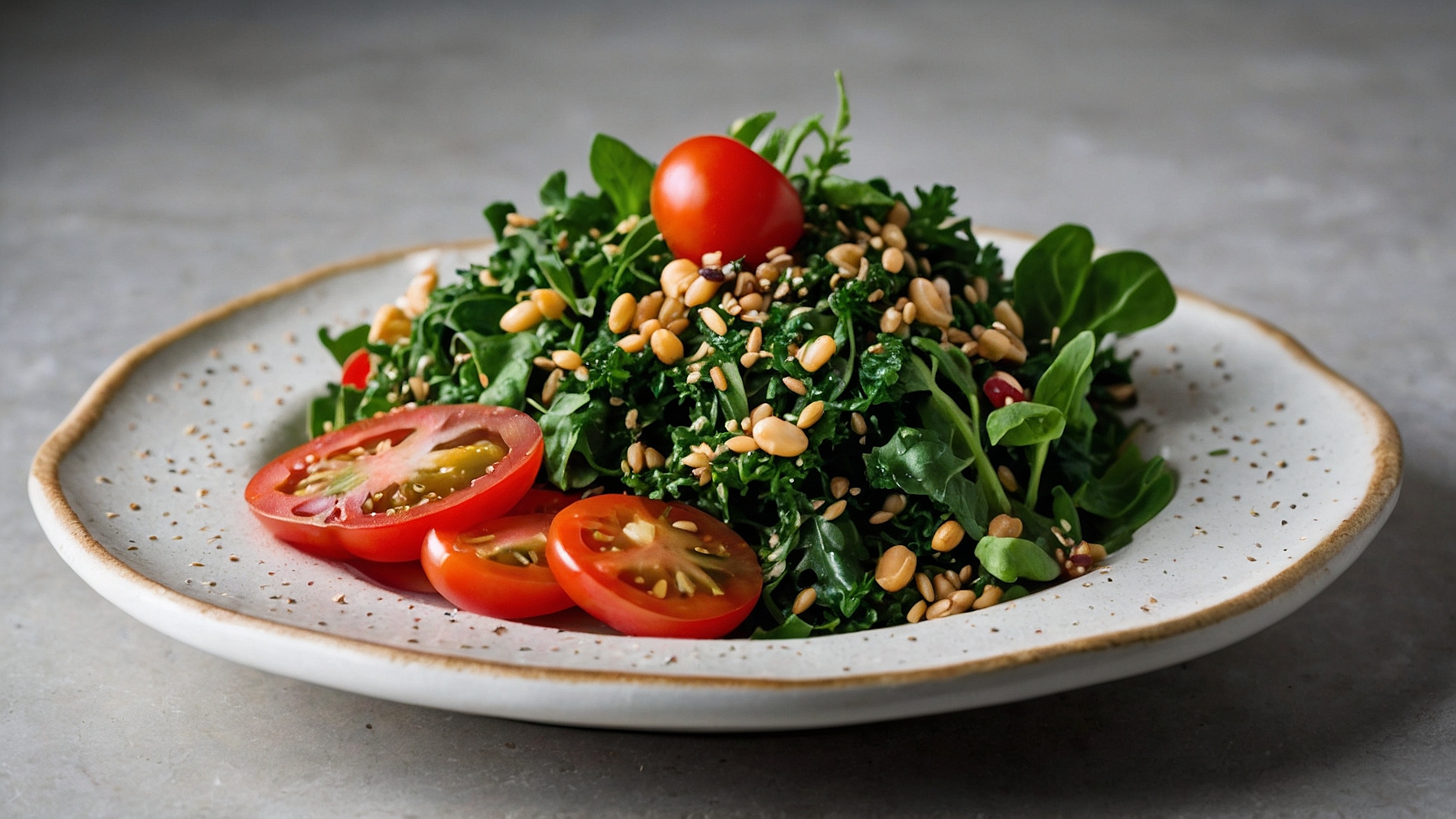 Salad of kale, spinach, and cherry tomatoes on an earthy colored plate, sprinkled with pine nuts, set against a grey background.