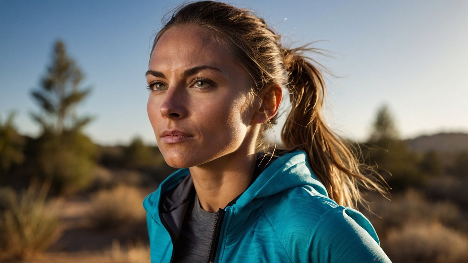 Close-up portrait of an athletic woman in her late thirties, wearing blue running gear with a ponytail, set against a desert landscape at golden hour.