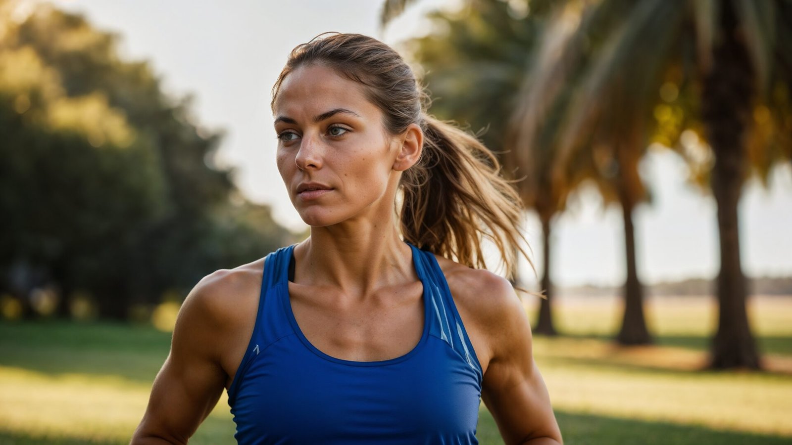 A portrait of an athletic woman in blue running gear, jogging on the grassy field at sunrise with palm trees and greenery in the background. Soft natural light casts gentle shadows over her face in this close-up shot capturing her facial expression and upper body.