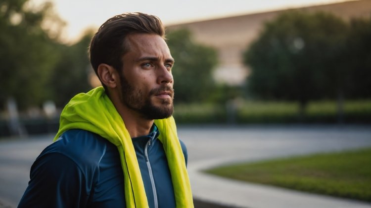 Handsome man in his late thirties with short brown hair and a beard, wearing a neon yellow hooded top, gazing across the park at sunrise.