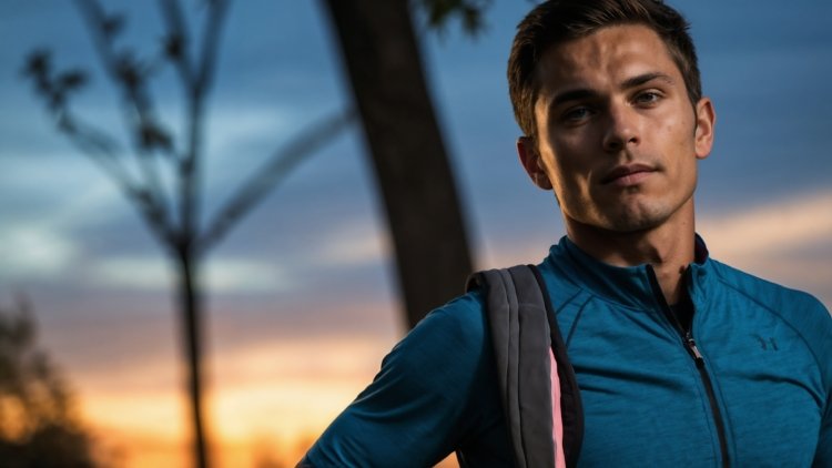 Handsome man in his late thirties with short brown hair, wearing running gear and a shoulder bag, standing in the park with a sunset behind him, looking into the camera.