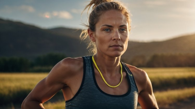 Athletic woman in her late thirties with blonde hair in a ponytail, wearing sportswear and a yellow necklace, running outdoors with mountains and a blurred landscape behind her, during golden hour.