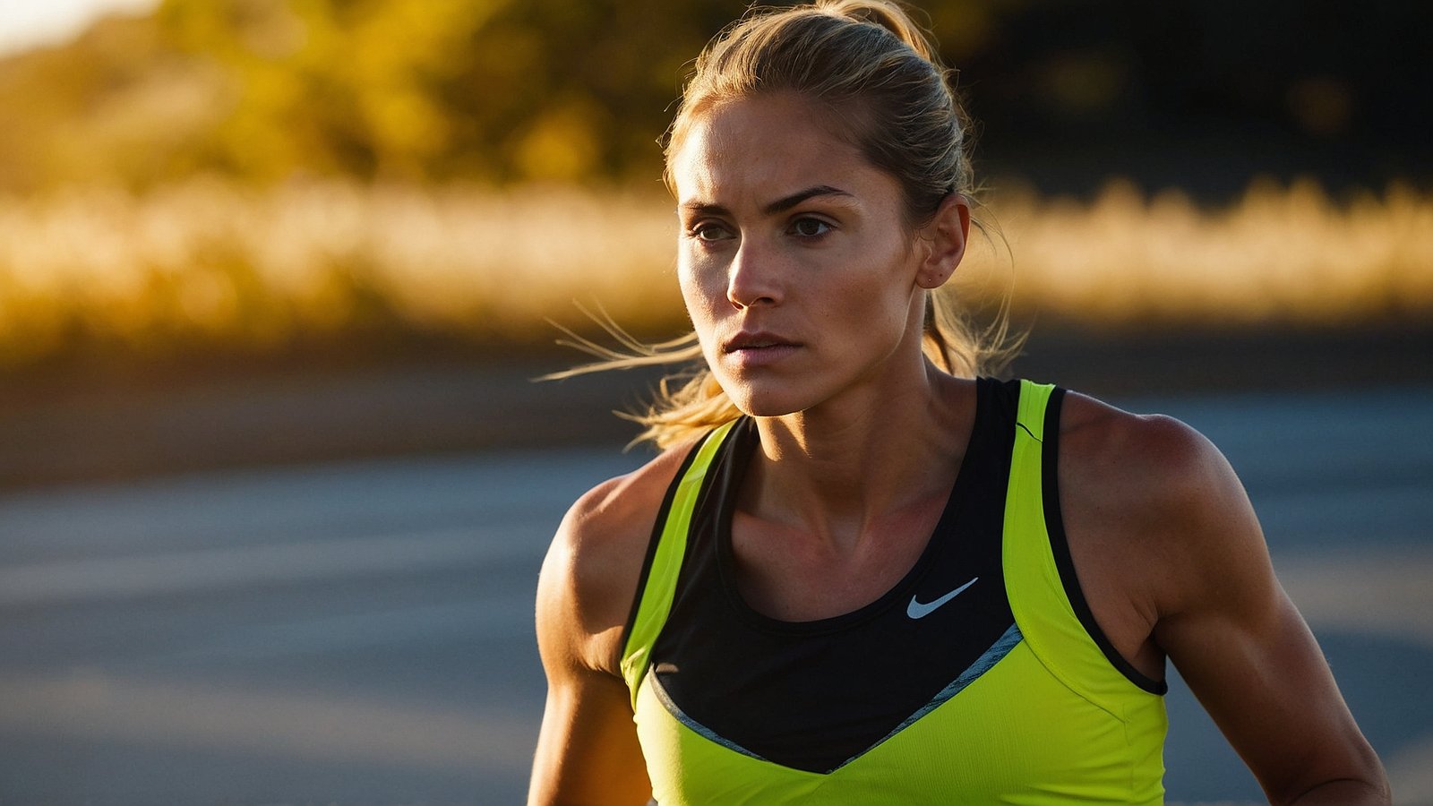 Athletic woman in her thirties with blonde ponytail, wearing neon green and black running gear, jogging on a road at sunset, sharp focus on details.