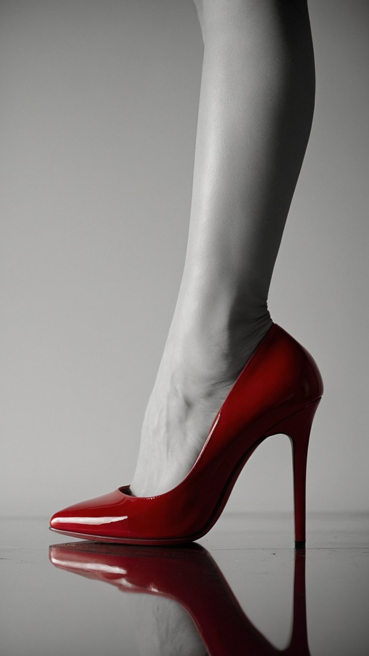 Close-up of red high heels with a sleek design and polished finish, placed on a white surface against a dark gray background.