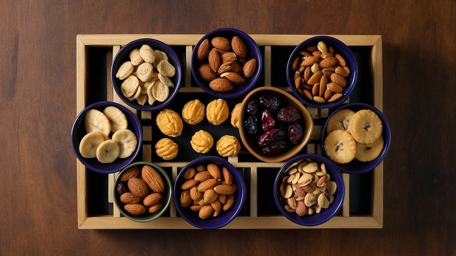 Overhead shot of a wooden tray with blue bowls filled with nuts, dried fruits, and cookies on a dark wooden background.