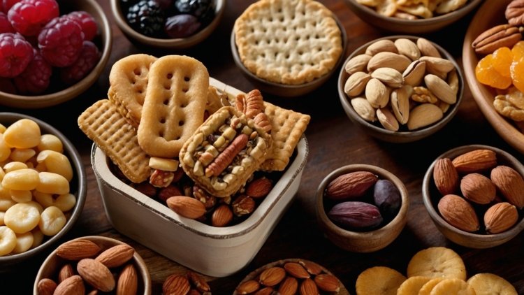 Top-down view of an assortment of snacks, including cracker bars, nuts, and dried fruits, arranged in wooden bowls on a dark wooden background with soft lighting.