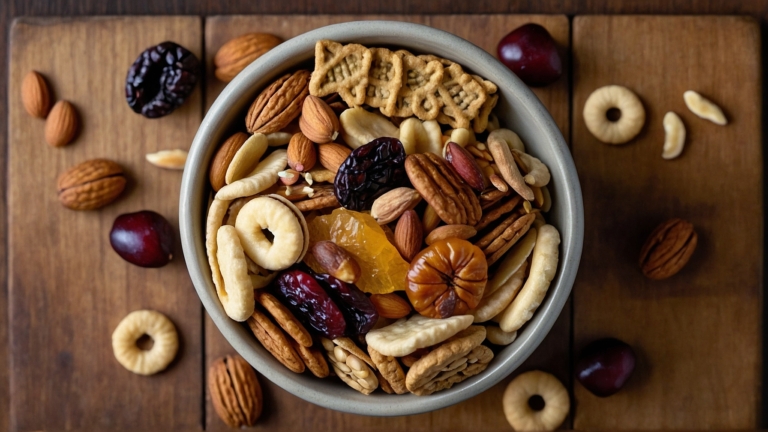 Detailed Shot of Mixed Snacks on Wooden Background