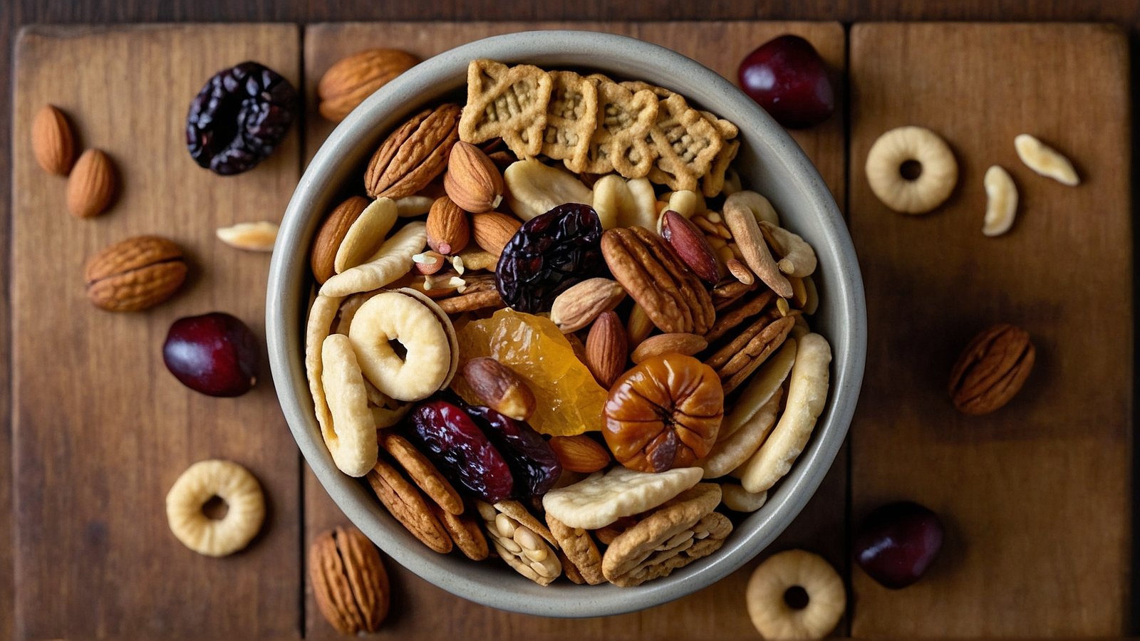 Close-up top view of a bowl of mixed nuts and dried fruits on a wooden background, with scattered plums, almonds, prunes, apple rings, croutons, hazelnuts, olives, and rye and wheat crackers.