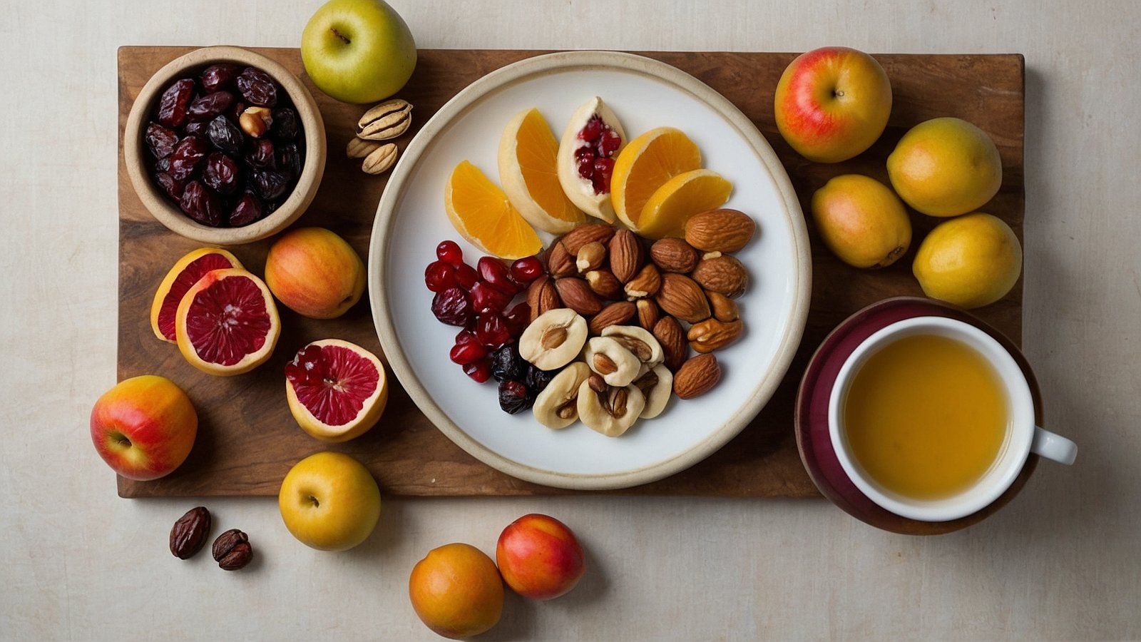 Top view of a plate of mixed nuts, dried fruits, and apples, with an apple juice cup on a wooden board, set against a beige background.