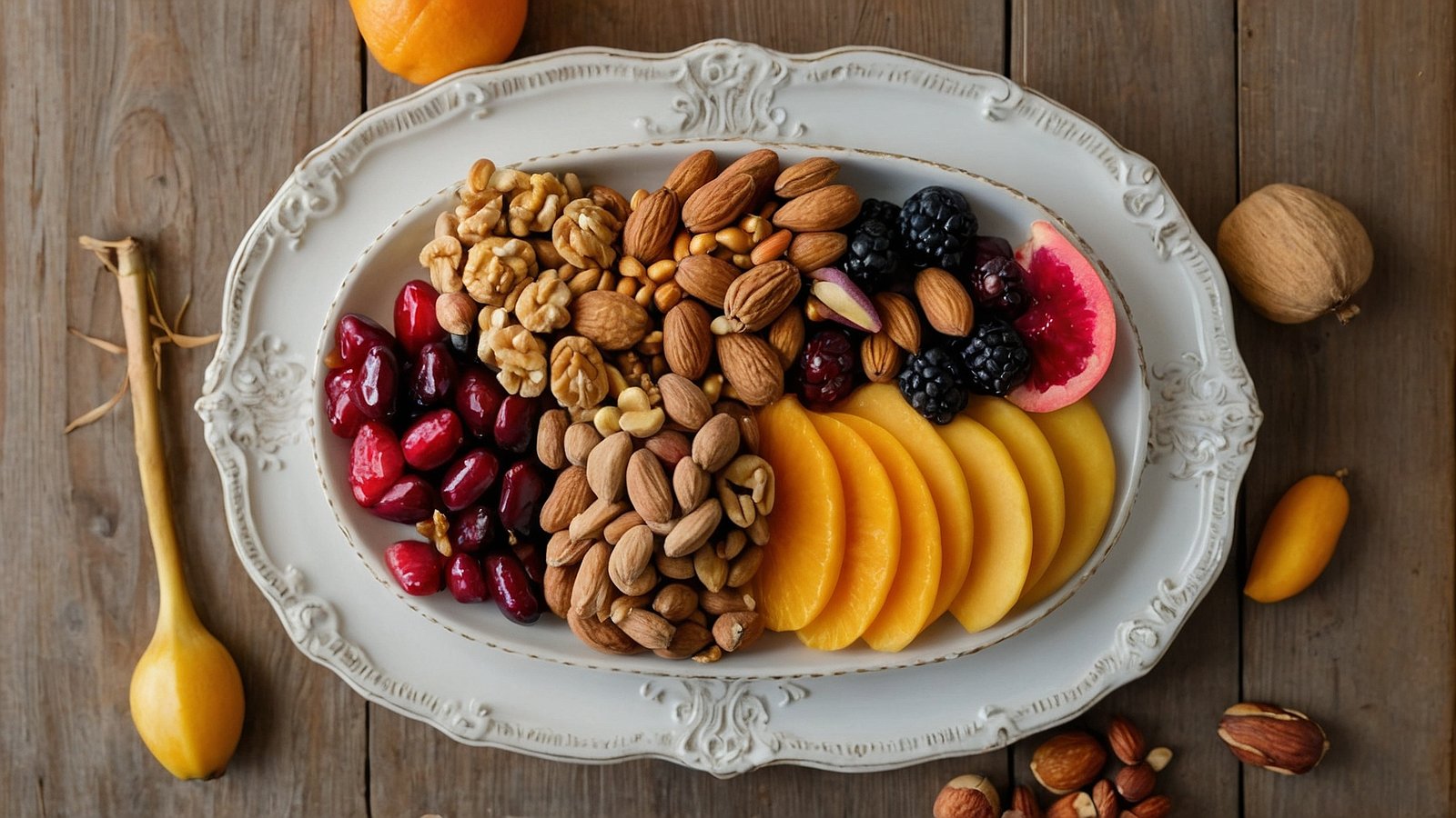 Top-down view of a plate with dried fruits, nuts, and seeds on an elegant white platter, set against natural wood flooring for a warm, inviting atmosphere.