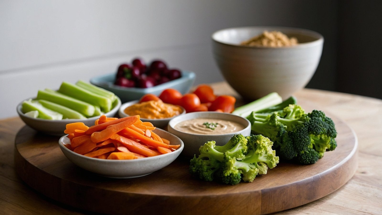 Wooden platter with small bowls of fresh vegetables like carrots and broccoli, with a bowl of hummus or dressing, set against a neutral-colored background.