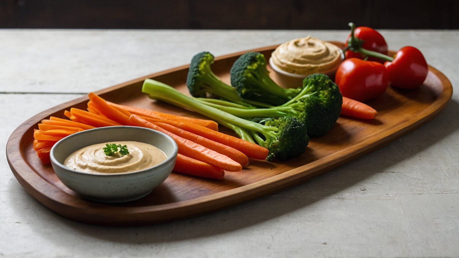 Wooden platter with carrots, broccoli, and tomatoes, accompanied by a small bowl of hummus.