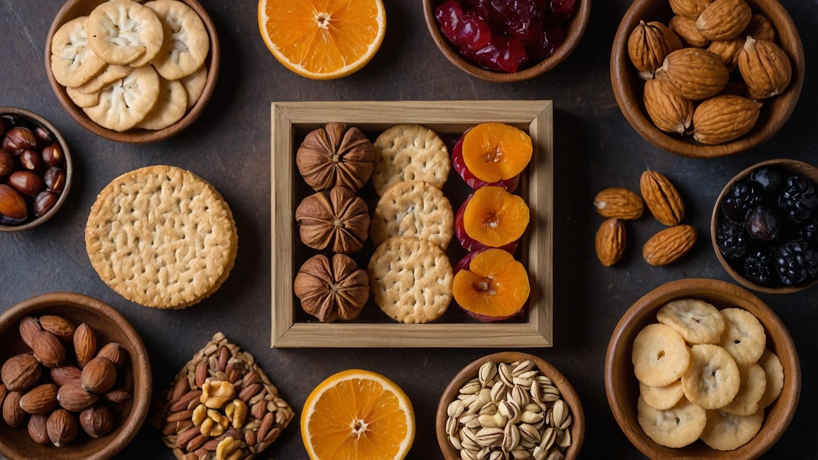 Flat lay of dried fruits, nuts, and crackers in small wooden bowls on the left side of a rectangular box, against a dark brown and black textured background.