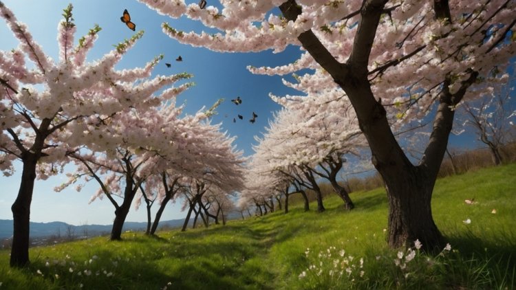 Cherry trees with white and pink blossoms bloom on grassy hills under a blue sky, with butterflies dancing in the foreground.