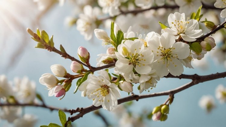 Close-up of white cherry blossoms on a branch, with fresh flowers against a blue sky background in spring, with soft focus.