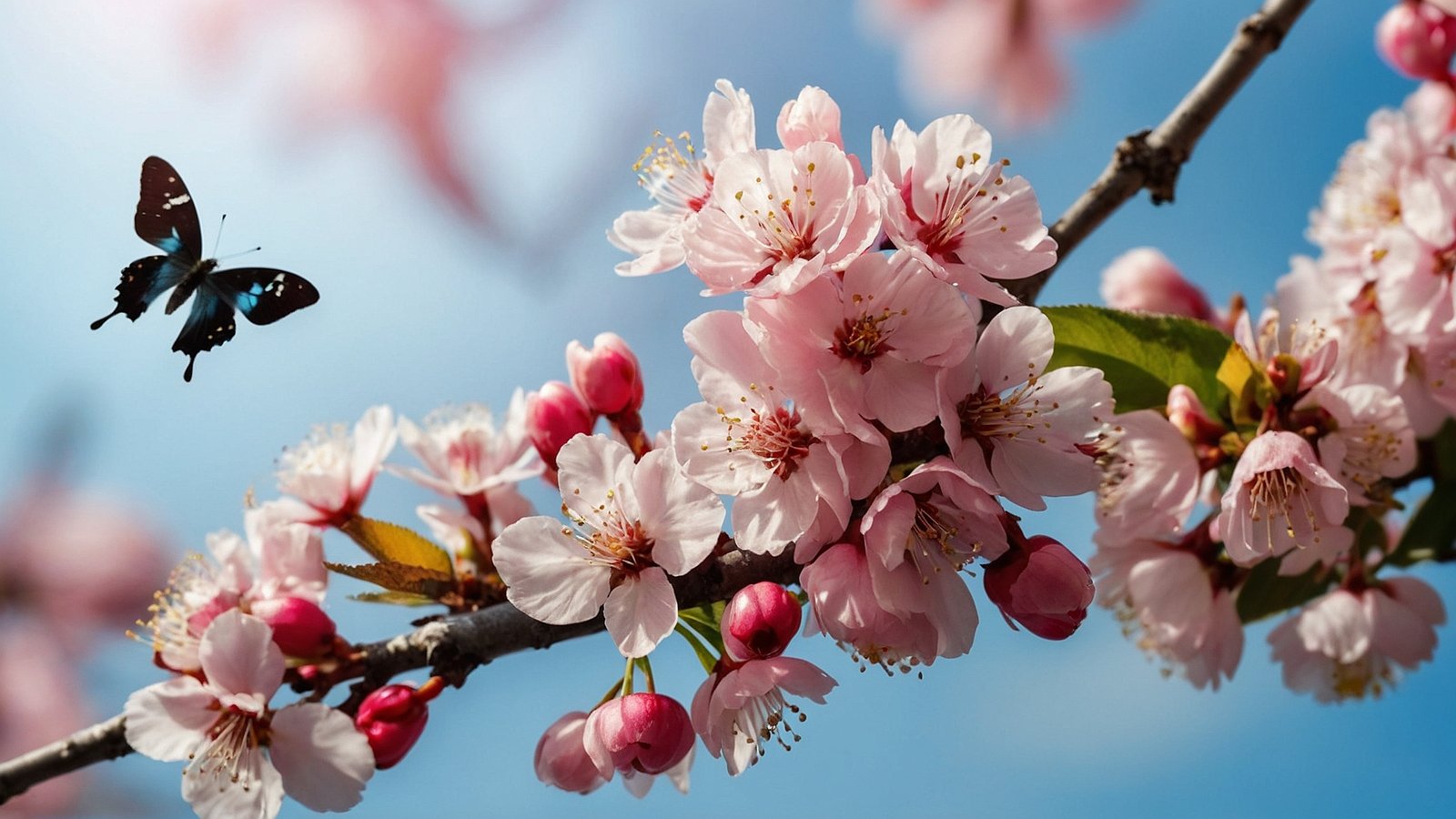 A butterfly fluttering over pink cherry blossoms, high-definition photography.