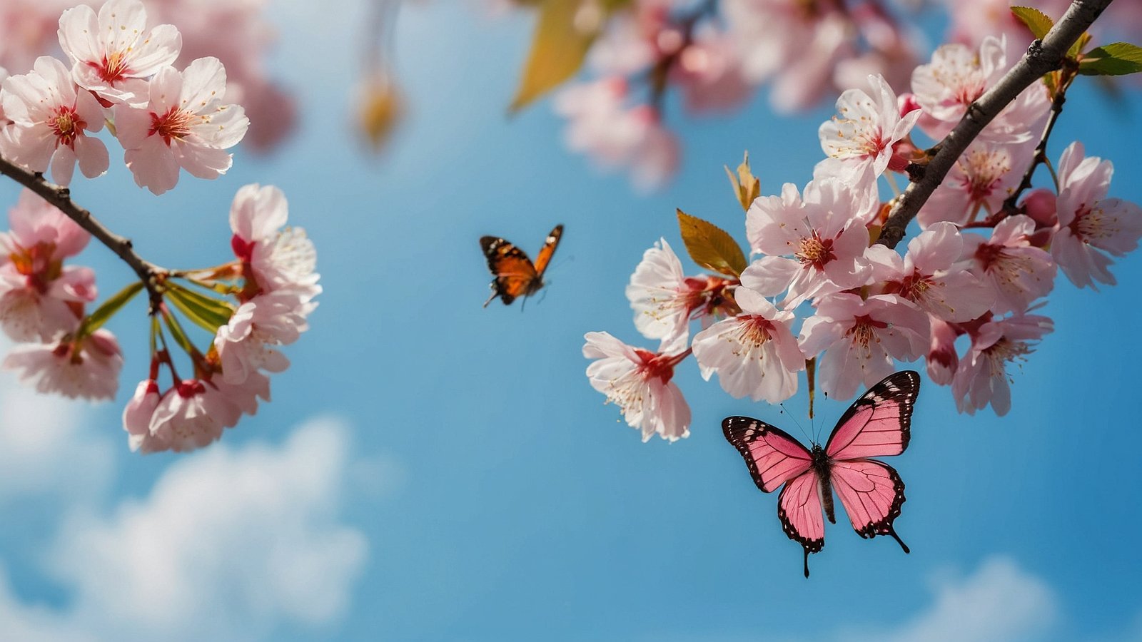 Pink butterflies flutter among cherry blossoms against a blue sky, with white, pink, and pale purple flowers creating a vibrant scene.