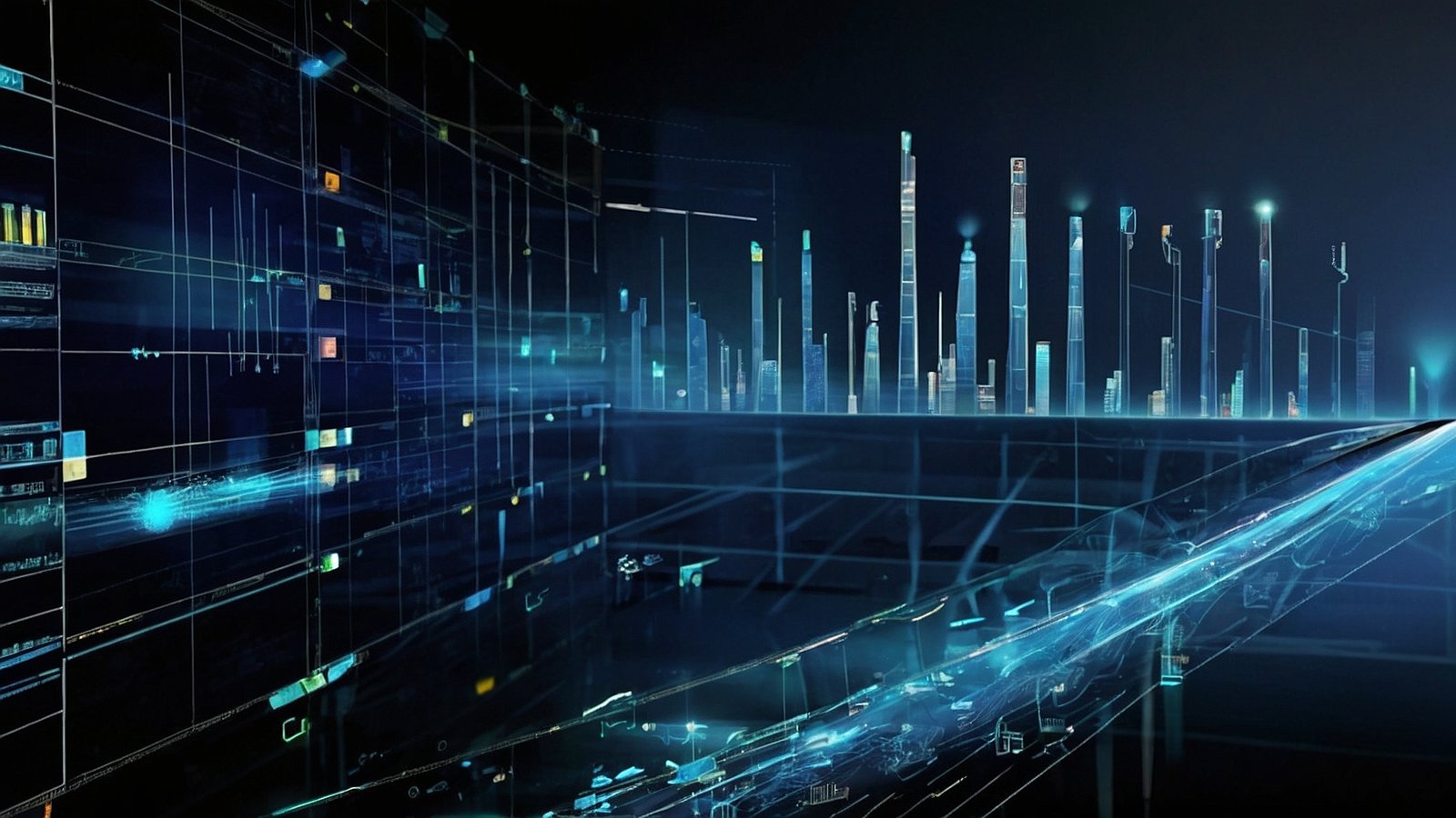 Digital data streams and bar graphs in blue light, representing traffic flow analysis for smart city design with futuristic holographic elements.