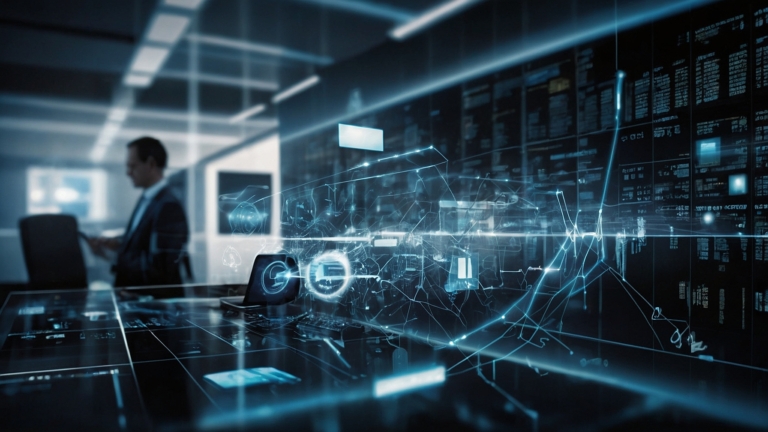 free AI generated high tech workplace illustration with digital design elements