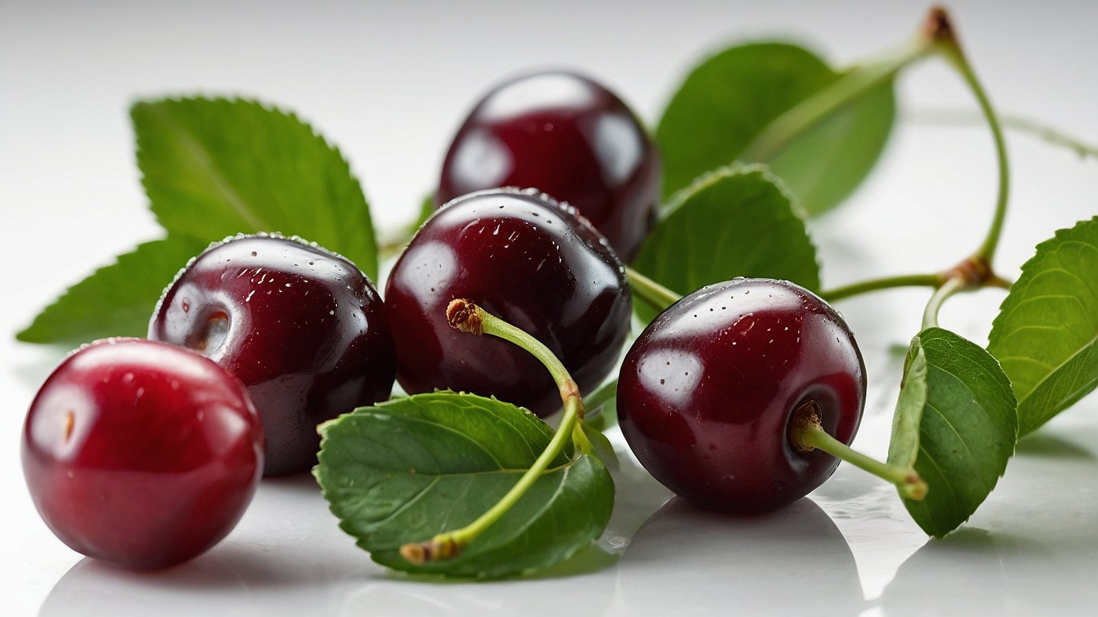 Close-up of dark red cherries with green leaves on a white background, isolated with sunny light creating a simple and fresh composition.