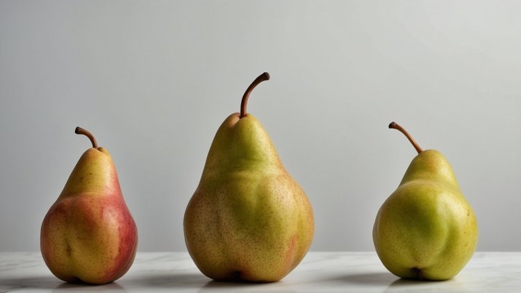 Three pears of varying sizes and colors arranged side by side on a white surface with soft lighting and an empty background.