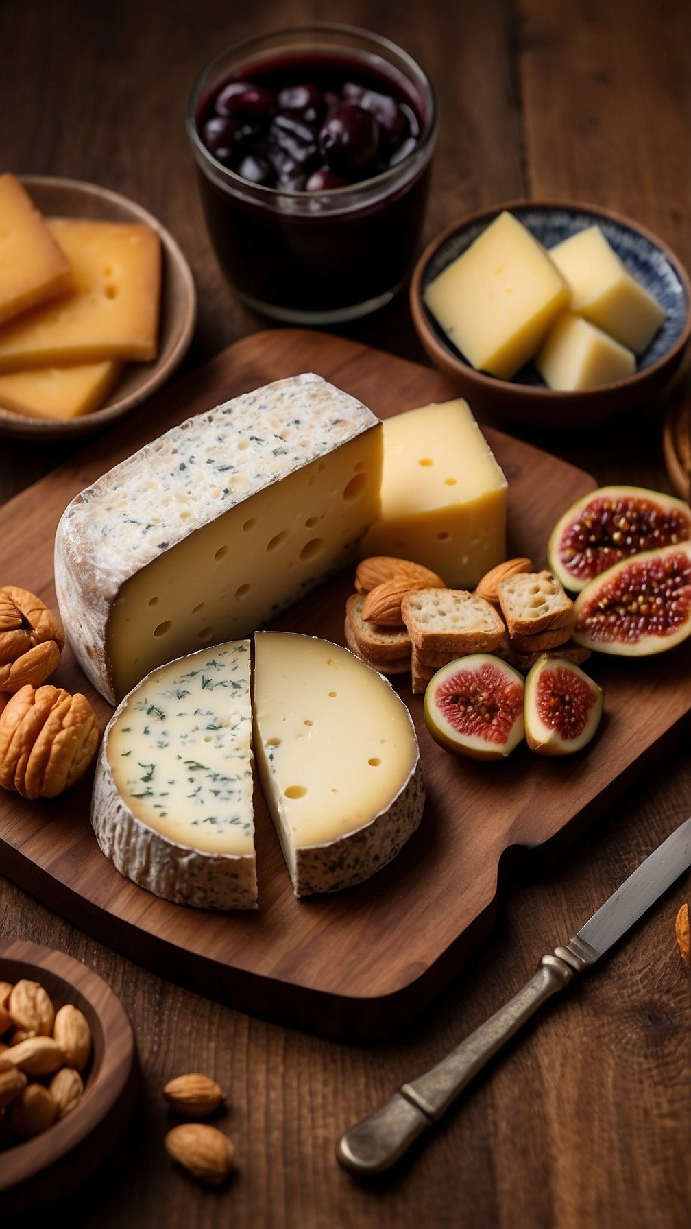 Cheese board with figs and nuts on a wooden table, captured in a high-angle view with natural soft lighting and rich details.