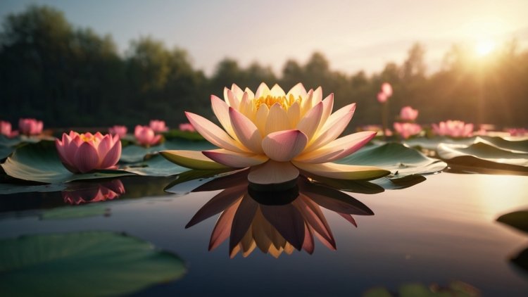 Water lilies and lotus flowers in a calm pond at sunrise, with reflections of sunlight and green leaves floating on the surface.