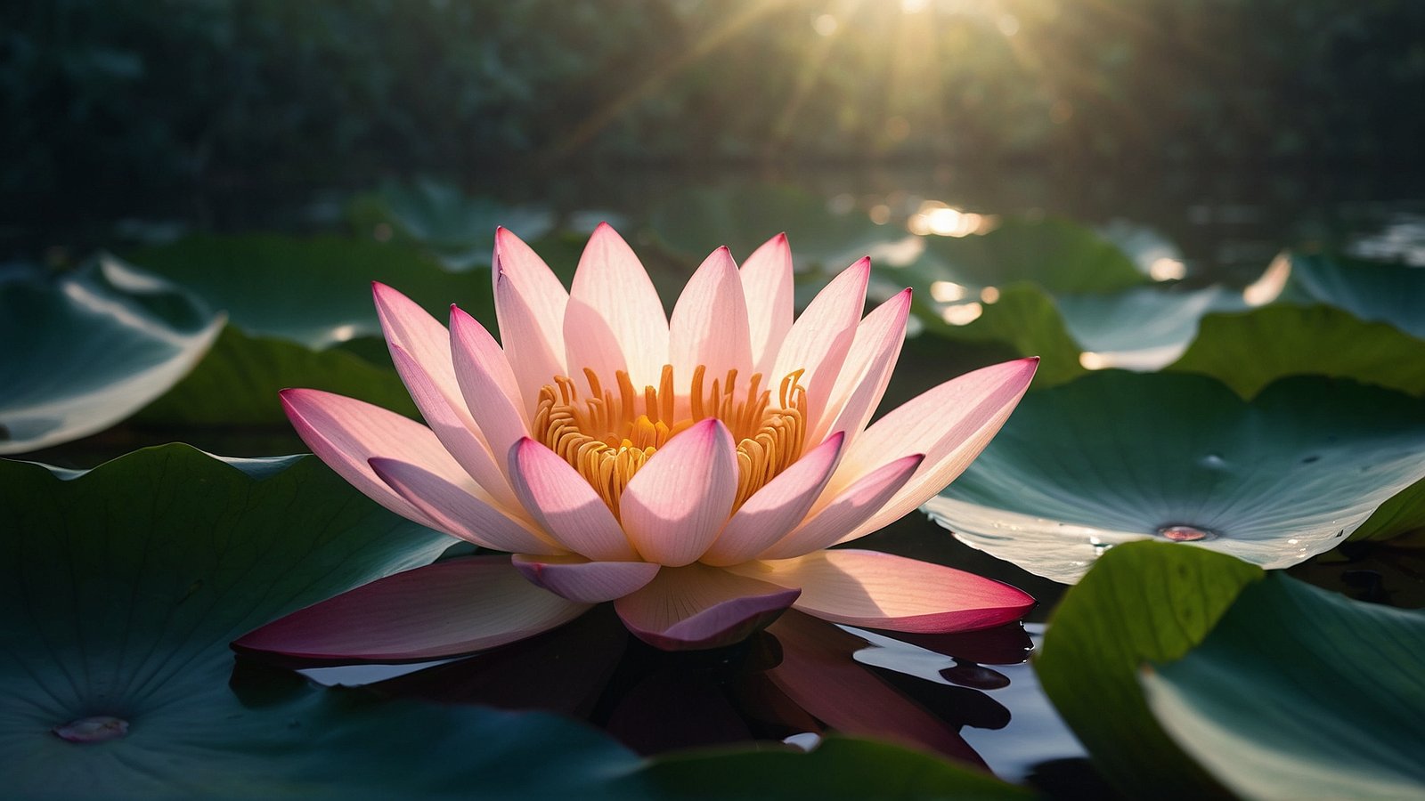 A blooming pink lotus flower on the water, surrounded by green leaves with sunlight shining through, conveying tranquility and harmony.