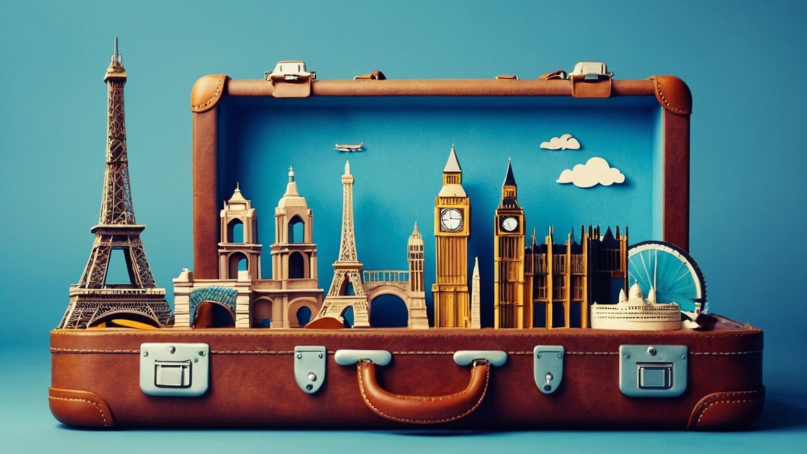 A suitcase filled with famous landmarks like the Eiffel Tower and Big Ben, set against a blue background.