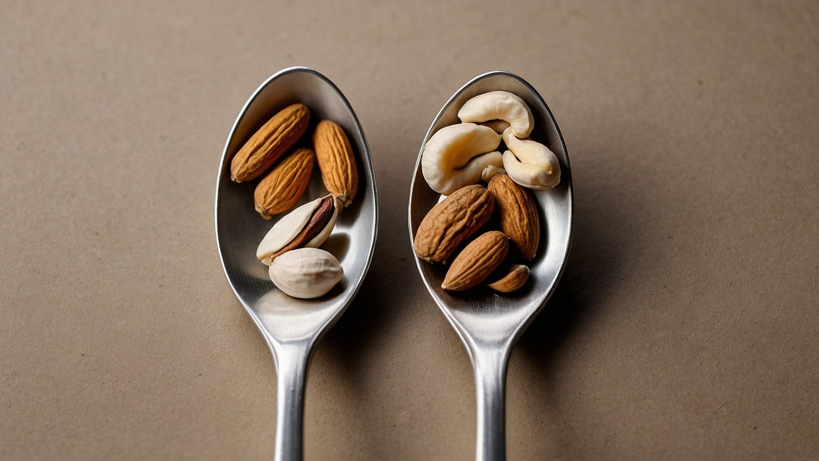 Two silver spoons filled with a mix of cashews and almonds on a beige background, showcasing their textures.