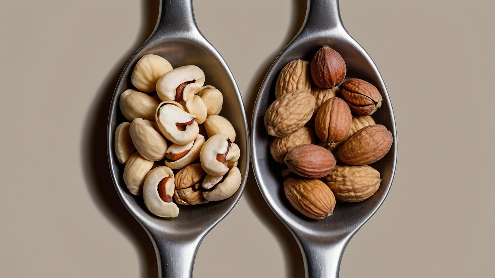 Two silver spoons filled with cashews and walnuts on a beige background, captured in high-resolution, minimalist style.