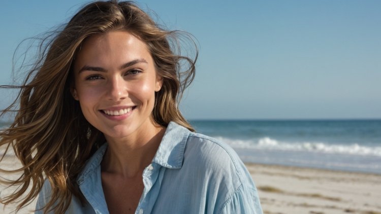 Free AI Image: Beautiful woman smiling on a beach, wearing a blue shirt, with the ocean in the background and ample space for text.