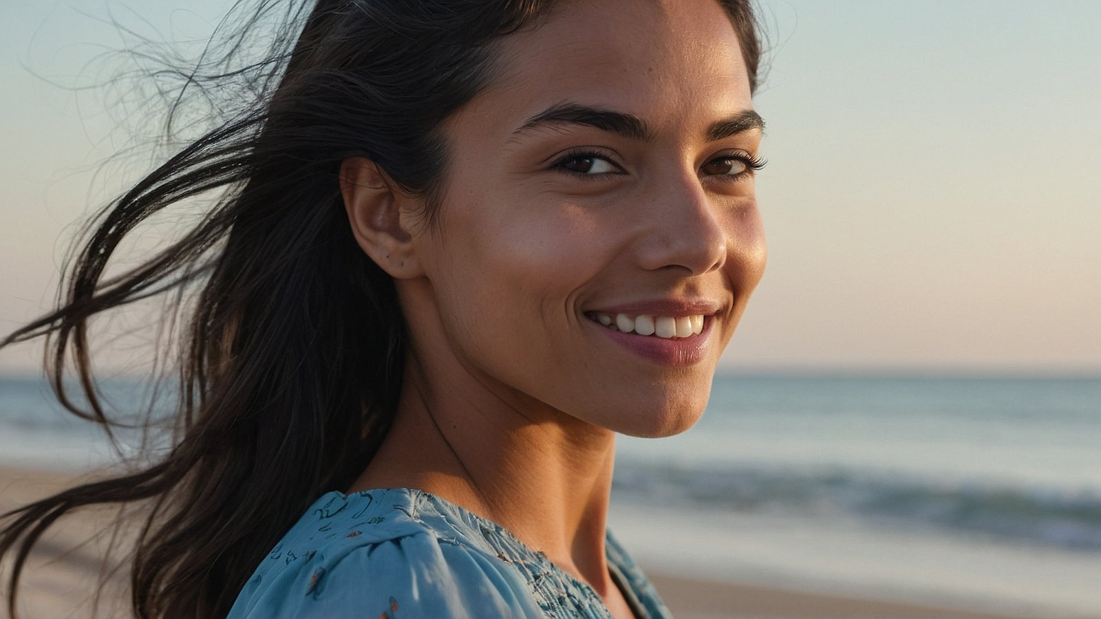 Free AI Image: Joyful Woman smiling on a beach with gentle waves and golden sand in the background, soft natural lighting creating a serene atmosphere.