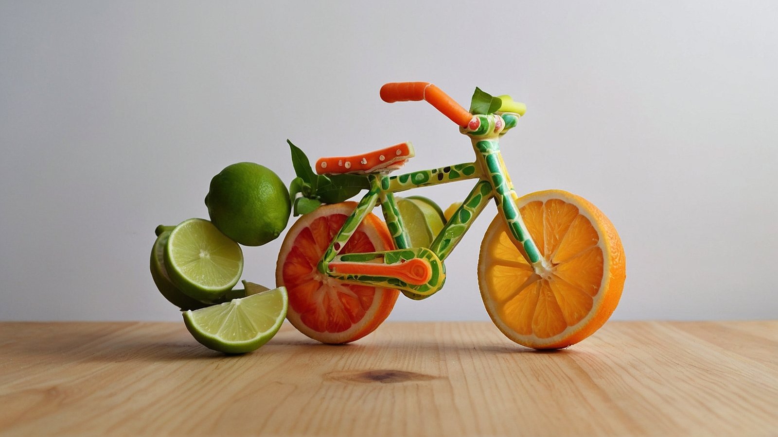 Free AI Image: Bicycle crafted from lime and orange slices, resembling origami art, placed on a wooden table against a white background.